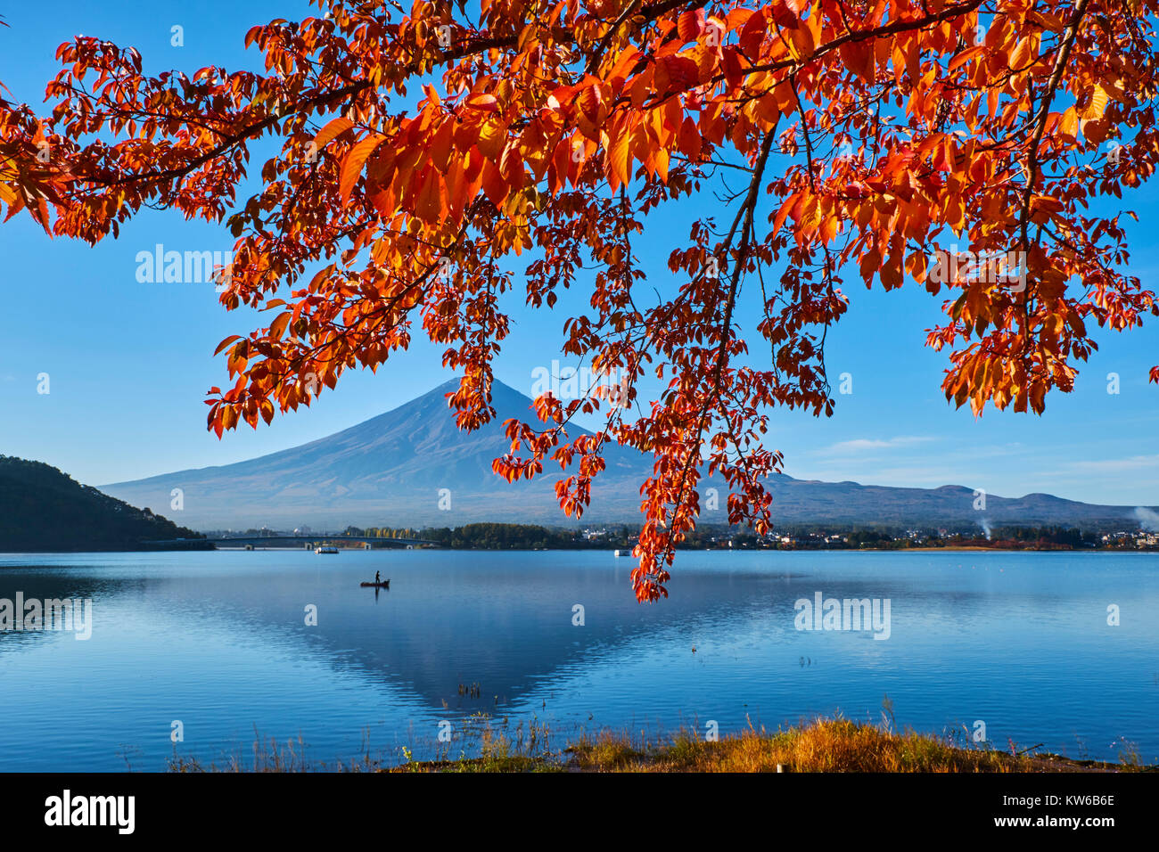 Japan, Honshu, Shizuoka, Fujiyoshida, Kawaguchiko lake and Mount Fuji in autumn colour Stock Photo