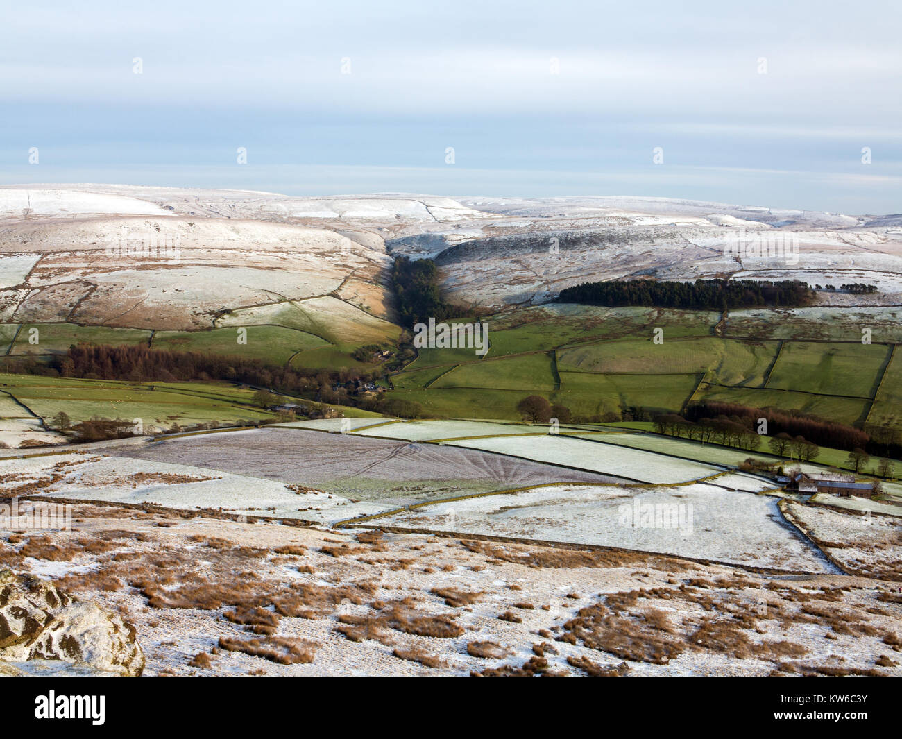View of the English Peak District in the snow during winter near Wildboarclough Cheshire Stock Photo