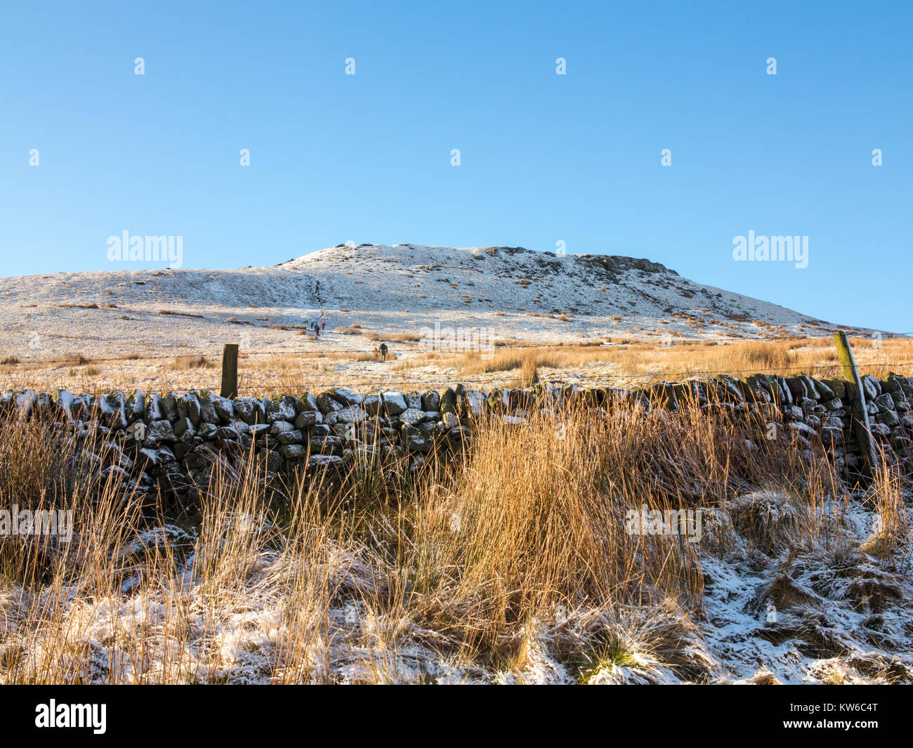 Shutlingsloe hill in the snow the 3rd highest point in Cheshire at 506 meters seen from Wildboarclough Peak District Stock Photo