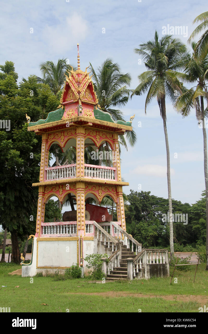 Old drum tower in monastery, Don Khone island, Laos Stock Photo