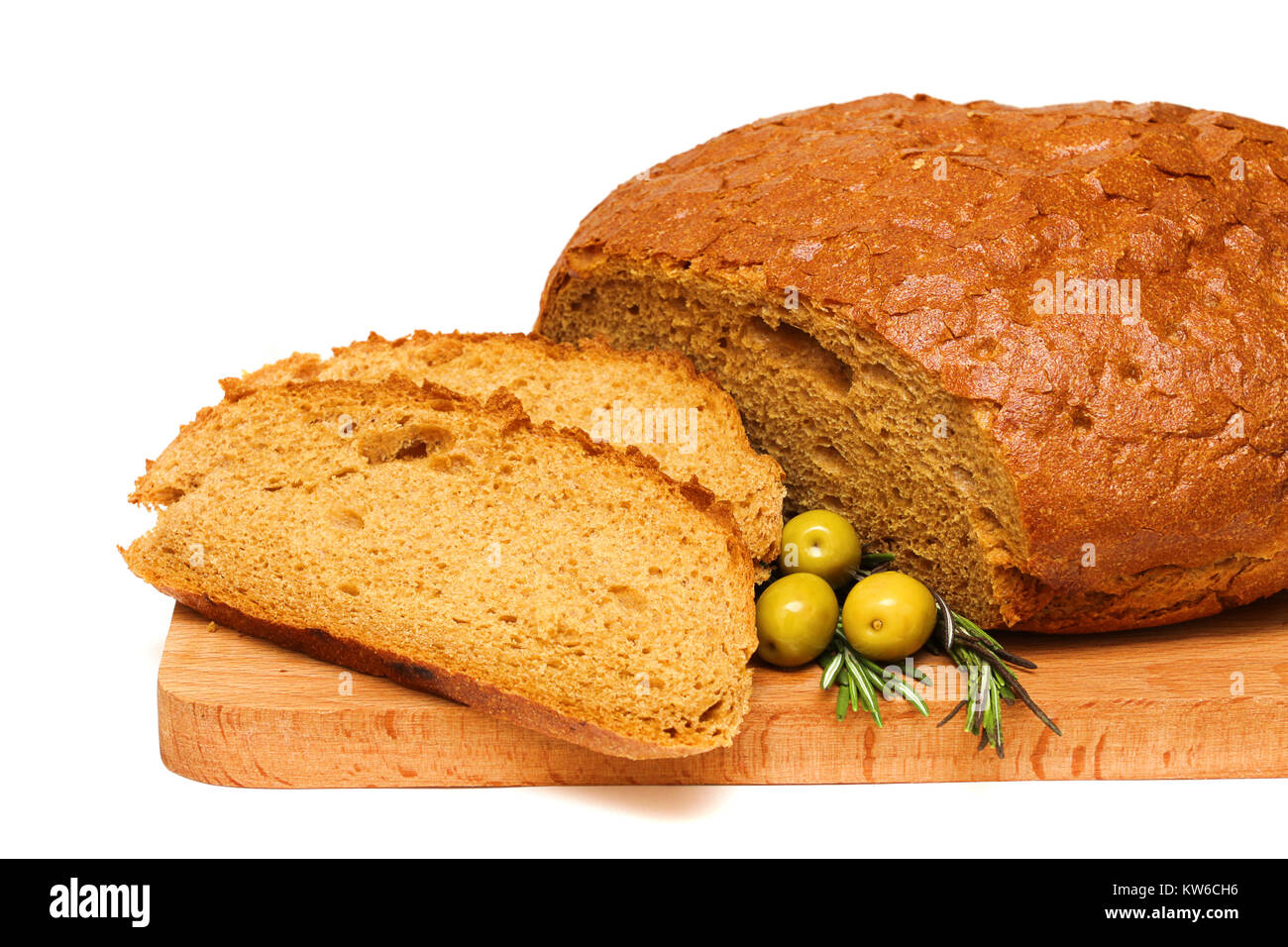 cut bread, rosemary, olives and wooden board isolated on a white backgroud Stock Photo