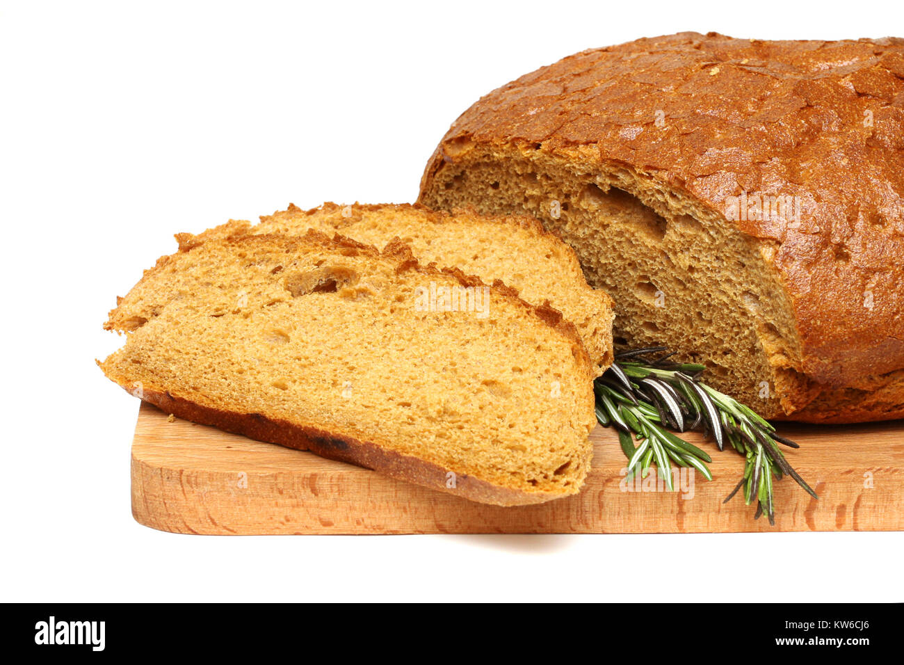 cut bread, herb and wooden board isolated on a white backgroud Stock Photo