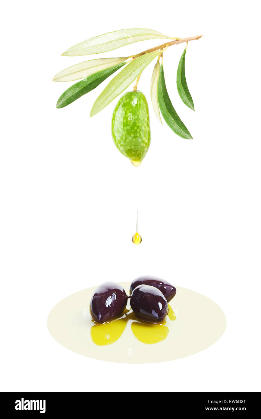 Black and Green Olives with Olive Oil Isolated on White Background Stock Photo