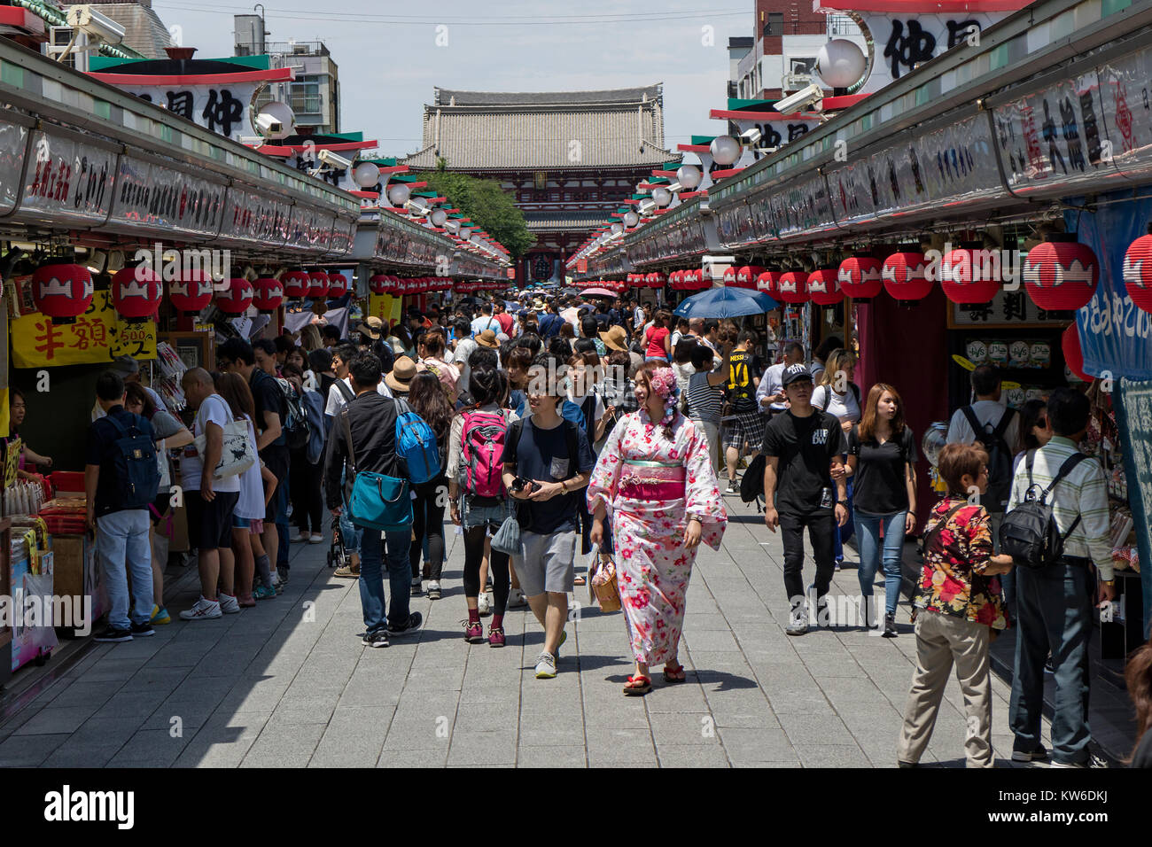 Tokyo - Japan, June 19, 2017; The approach from Kaminarimon Gate to Hozomon Gate is Nakamise dori, shopping street to the Senso-ji temple in Asakusa Stock Photo