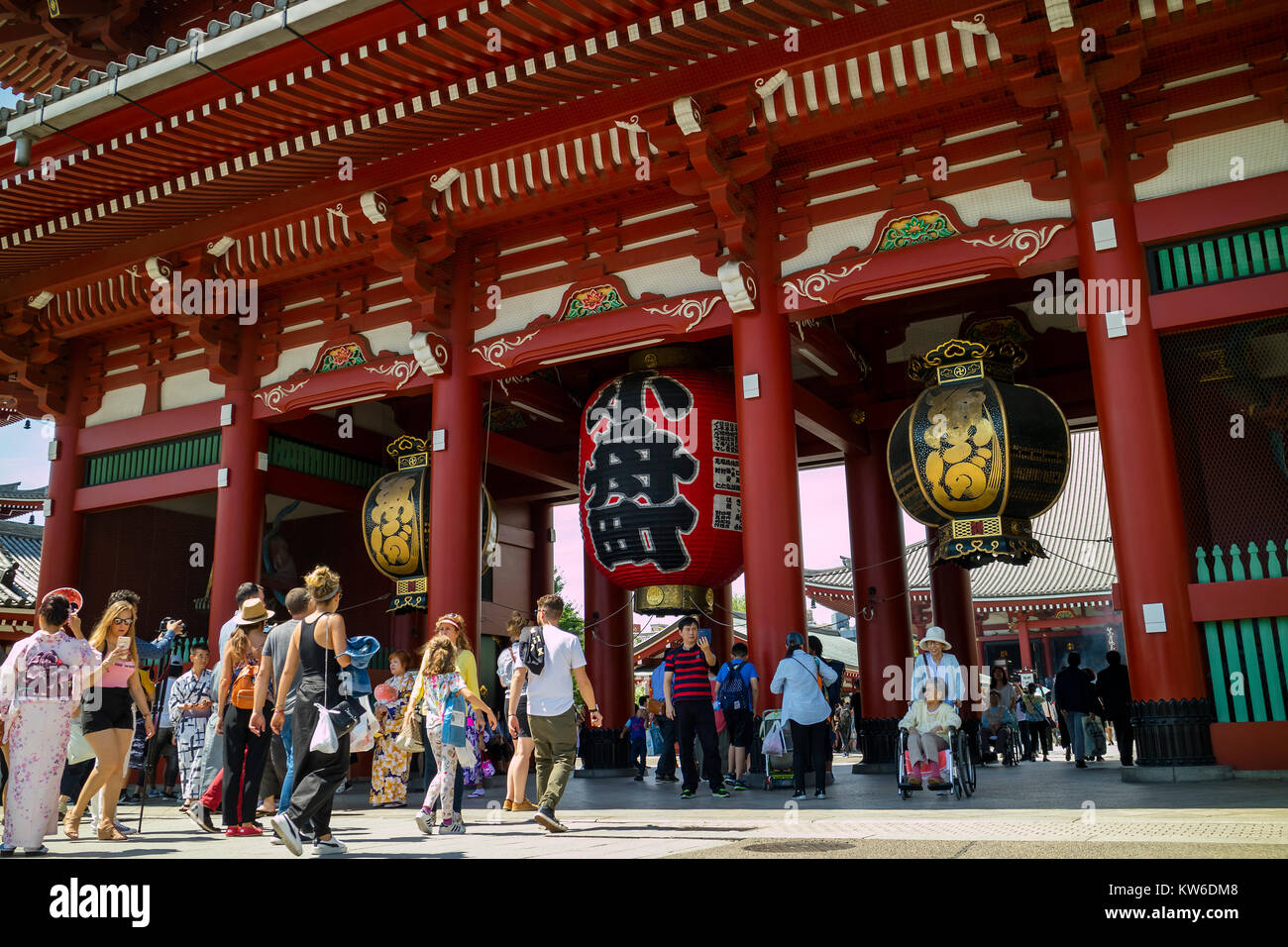 Tokyo - Japan, June 17, 2017; Tourists at Edo era Hozomon entrance of Sensoji, also known as Asakusa Kannon Temple, Asakusa Stock Photo