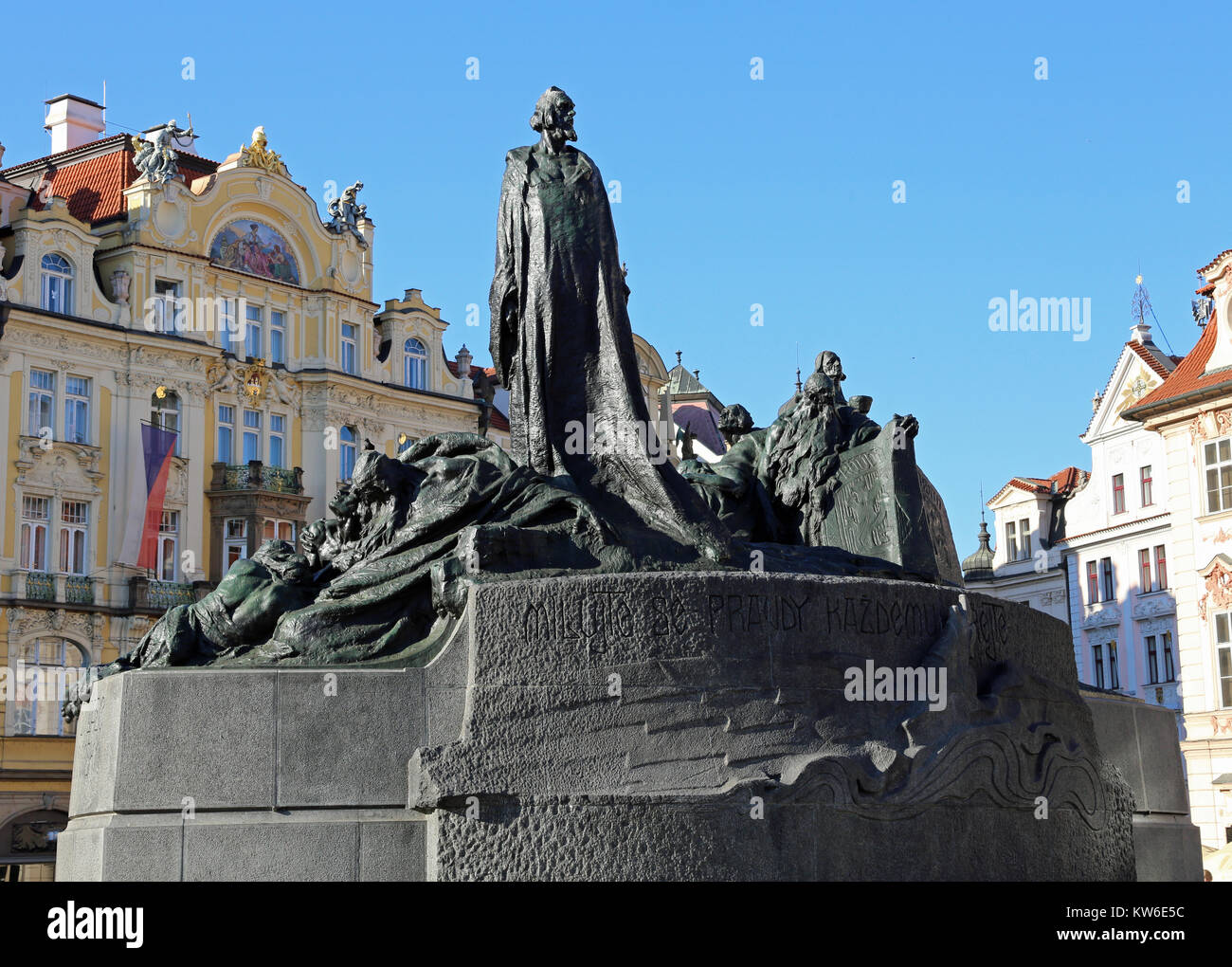 Prague, Czech Republic - August 23, 2016: Memorial of Jan Hus at Old Town Square built in 1915. Jan Hus was a czech linguist, religion writer, philoso Stock Photo