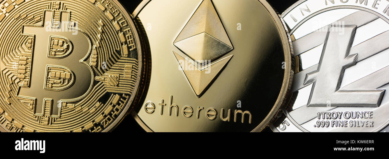 Bitcoin, Litecoin, Ethereum cryptocurrencys - New Digitla Money Stock Photo