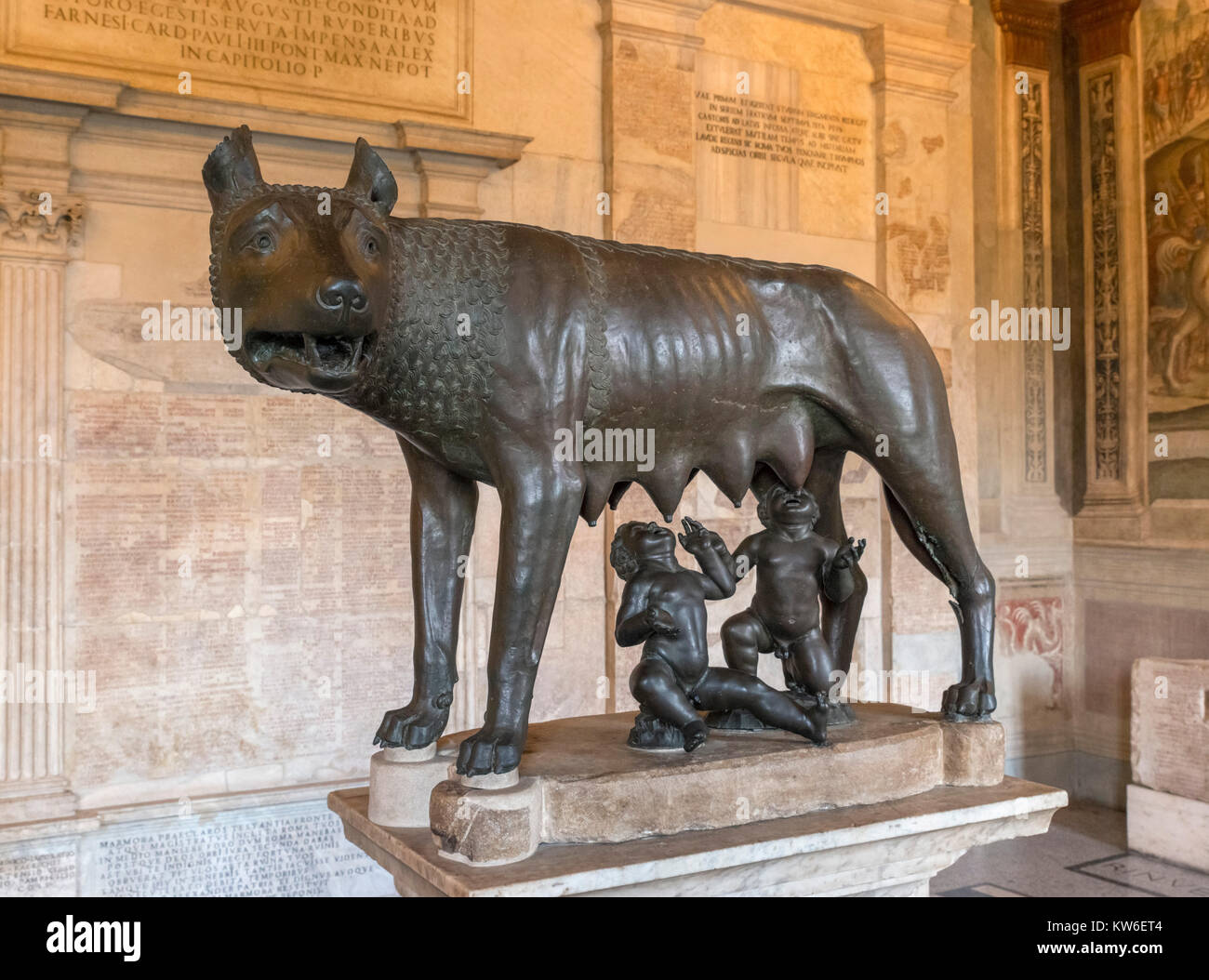The Capitoline SheWolf, a bronze statue depicting a wolf suckling Romulus and Remus, Hall of