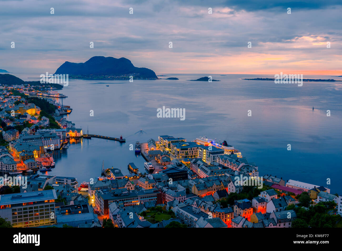 Colorful sunset in Alesund port town Stock Photo
