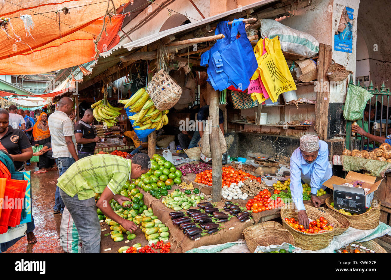 fruits and vegetable department on local food market in Stone Town,UNESCO World Heritage Site, Zanzibar, Tanzania, Africa Stock Photo