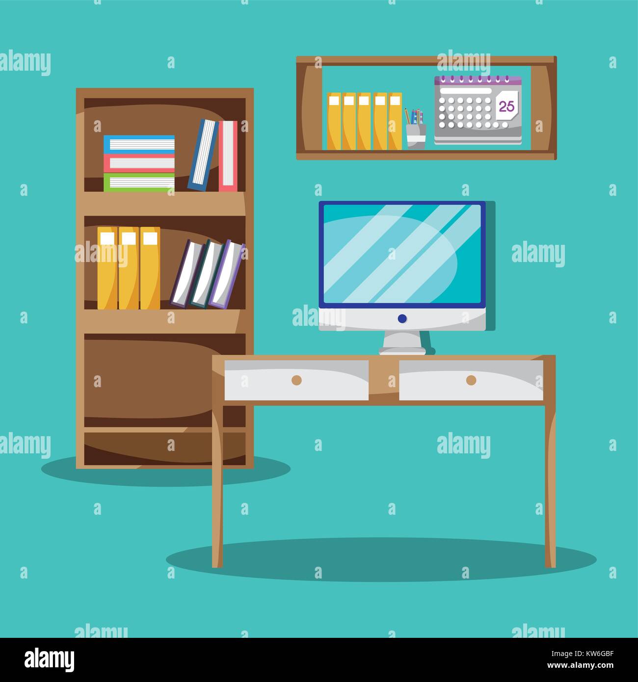 https://c8.alamy.com/comp/KW6GBF/desk-with-office-flat-accessories-to-work-vector-illustration-KW6GBF.jpg