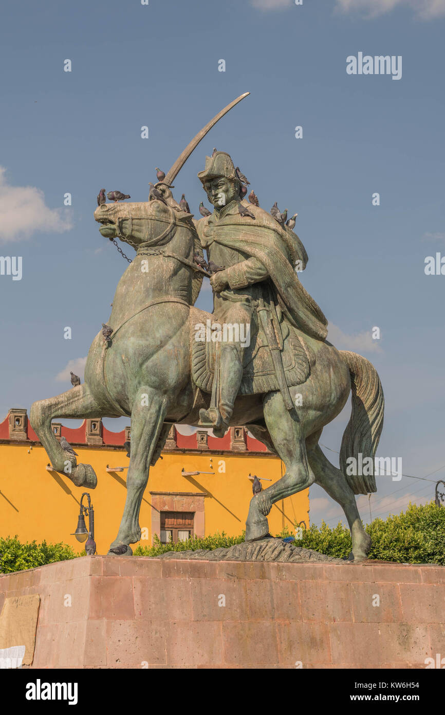 Large statue of Ignacio Allende, with cloudy blue sky  in the Civic Square, in San Miguel de Allende, Mexico Stock Photo
