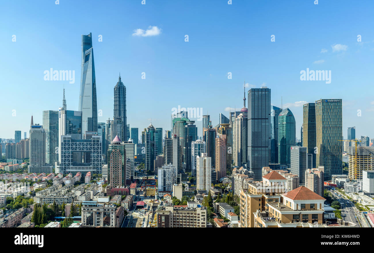 Shanghai Skyline - A panoramic view of modern skyline of Lujiazui Financial District, looking from east towards west, in a clear sunny autumn morning. Stock Photo