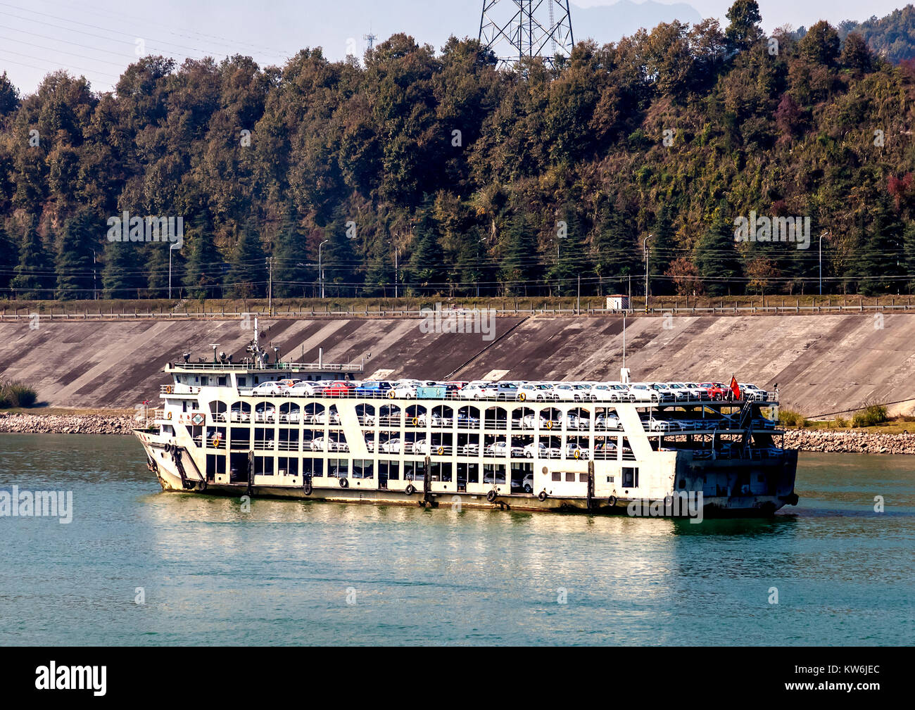 Dozens of cars being transported by boat on Yangtze River in China Stock Photo