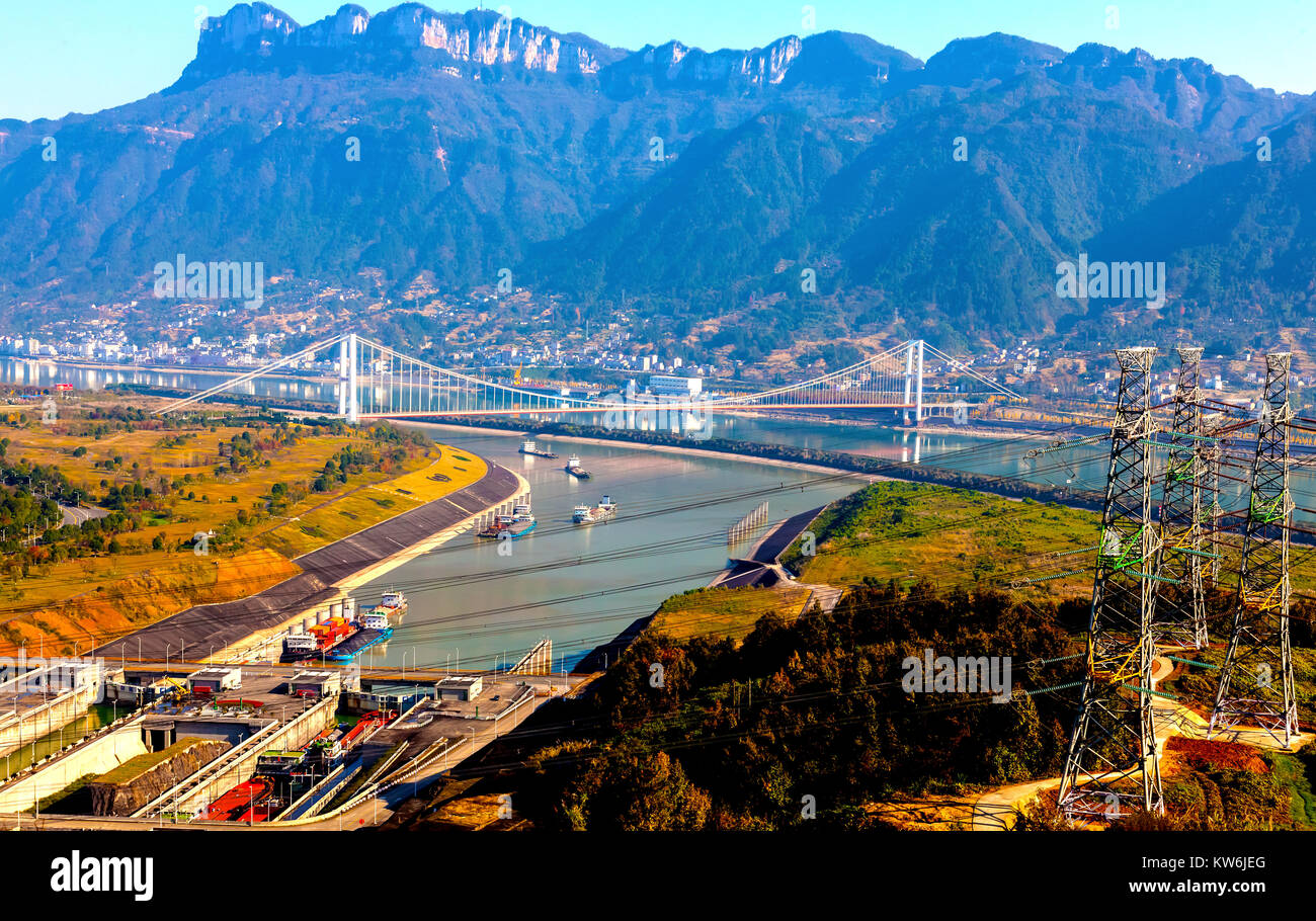 Looking down on boats lined up in lower lock of Three Gorges Dam on the Yangtze River in China Stock Photo