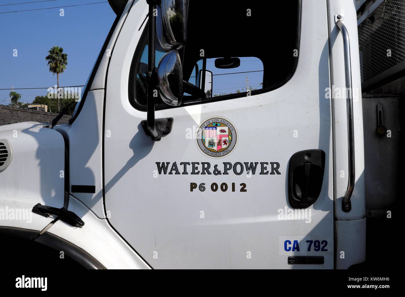 City of Los Angeles Water & Power logo on the door of a company truck working on power pole lines in Silver Lake, LA, California USA  KATHY DEWIT Stock Photo