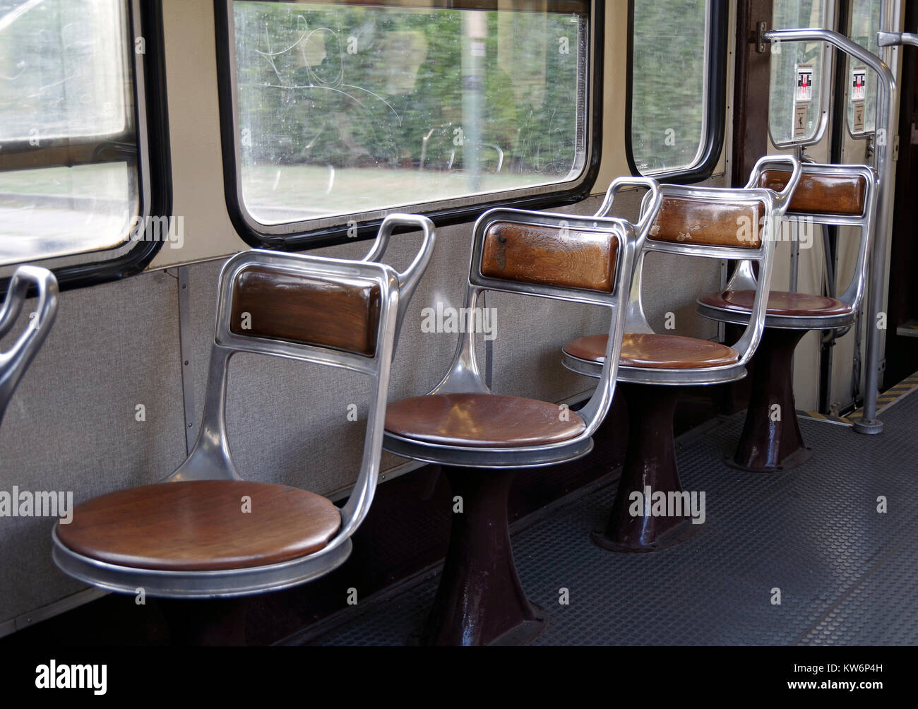 Interior of Tram on Route 15, in Turin, Italy, with elegant “Moderne” metal and leather seats. Stock Photo