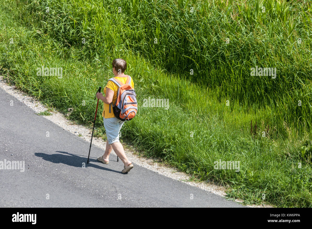 Elderly woman Nordic walking on country road, active aging Stock Photo
