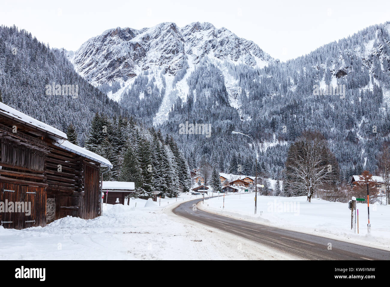 Mountain road through Partenen - a town in the Montafon, in Vorarlberg, Austria. Stock Photo