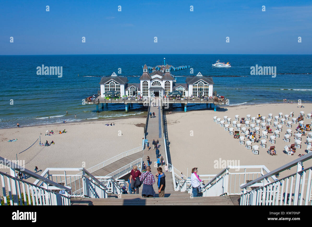 Pier and beach of Sellin, spa style on Ruegen island, Mecklenburg-Western Pomerania, Baltic Sea, Germany, Europe Stock Photo