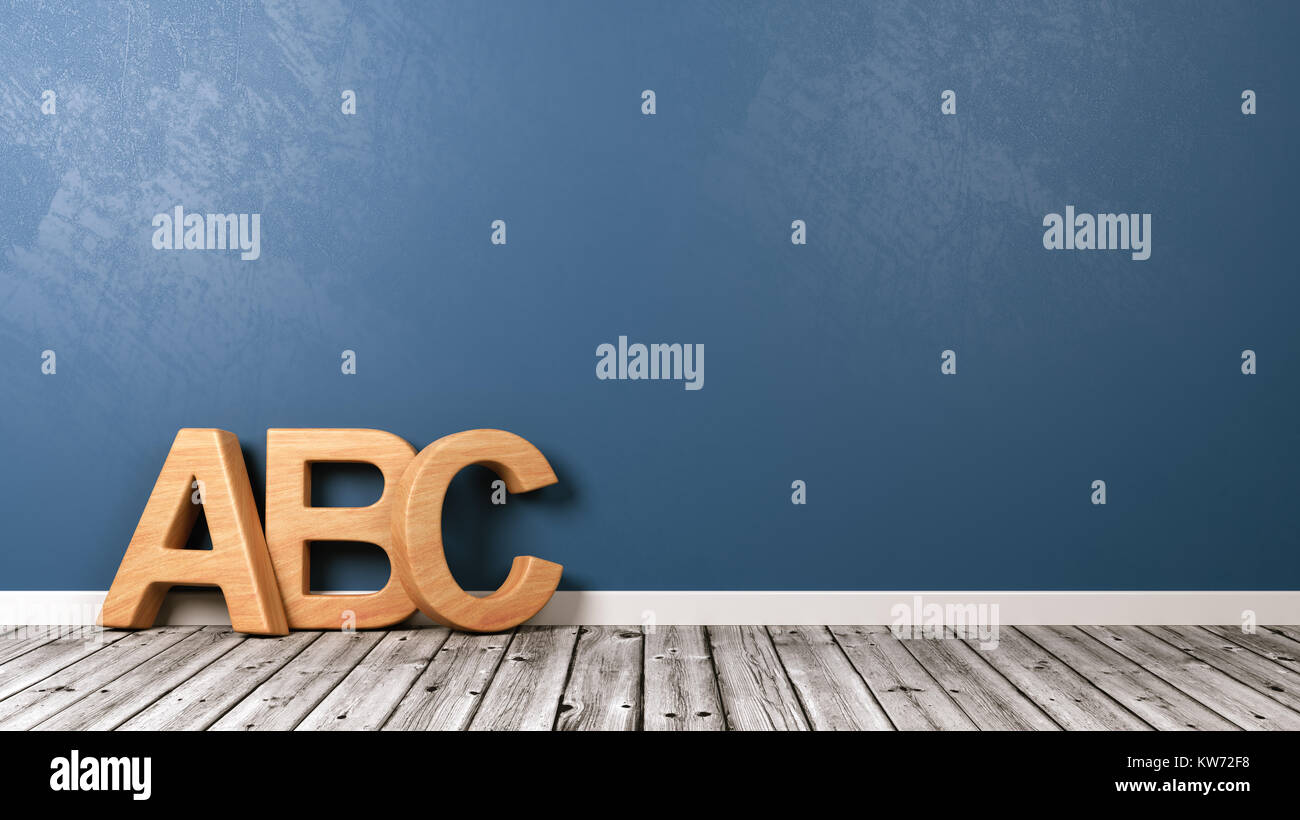 Wooden ABC Letters Shape on Wooden Floor Against Blue Wall with Copyspace 3D Illustration Stock Photo