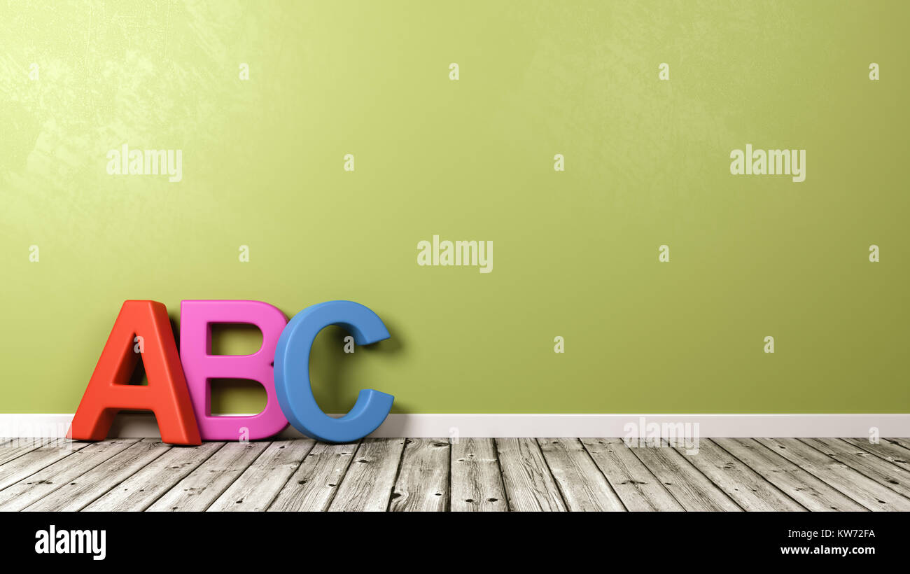 Colorful ABC Text Shape on Wooden Floor Against Green Wall with Copyspace 3D Illustration Stock Photo