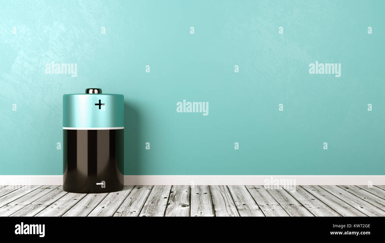 One Single Electric Battery on Wooden Floor Against Blue Wall with Copyspace 3D Illustration Stock Photo