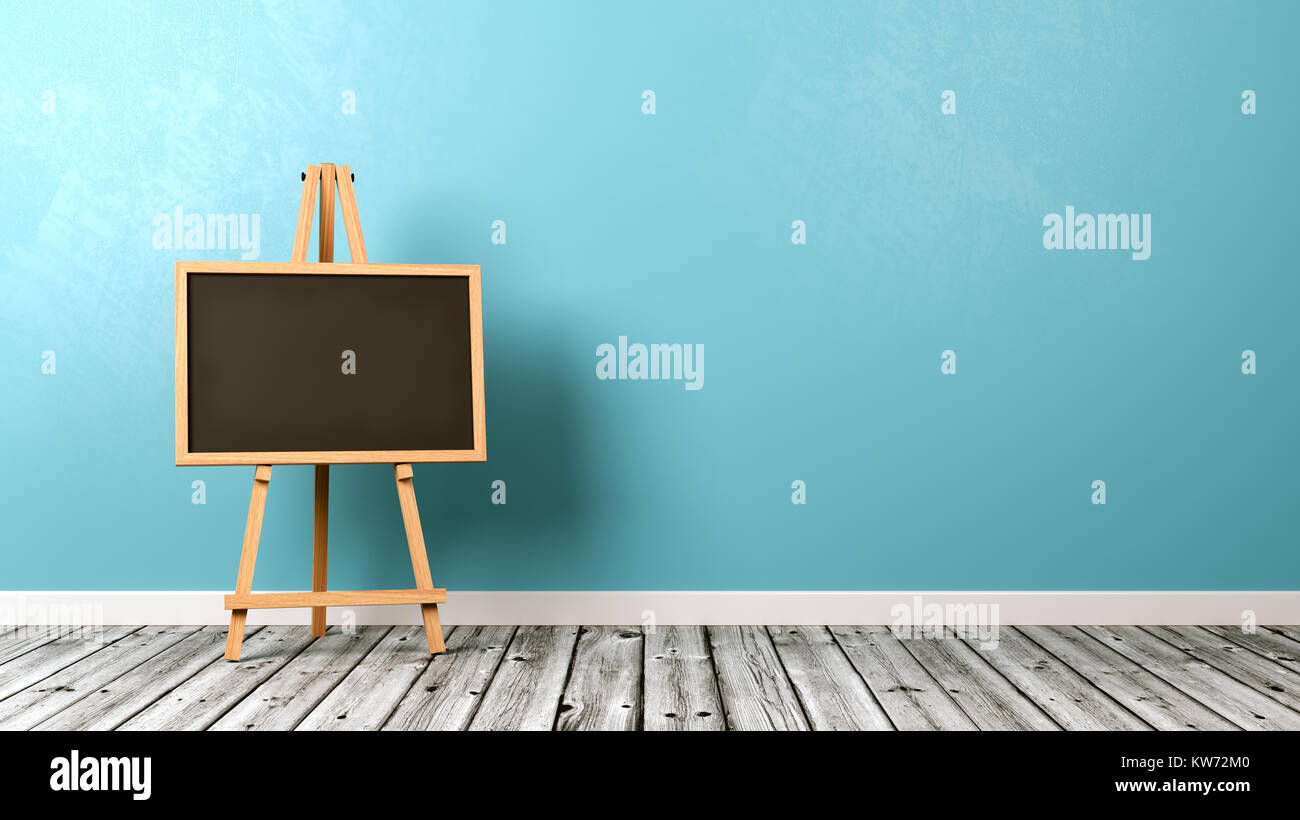 Blank Blackboard on Wooden Easel on Wooden Floor with Copyspace on Blue Background 3D Illustration Stock Photo