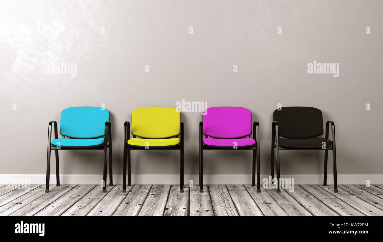 Four CMYK Colored Chairs on Wooden Floor Against Grey Wall with Copyspace 3D Illustration Stock Photo
