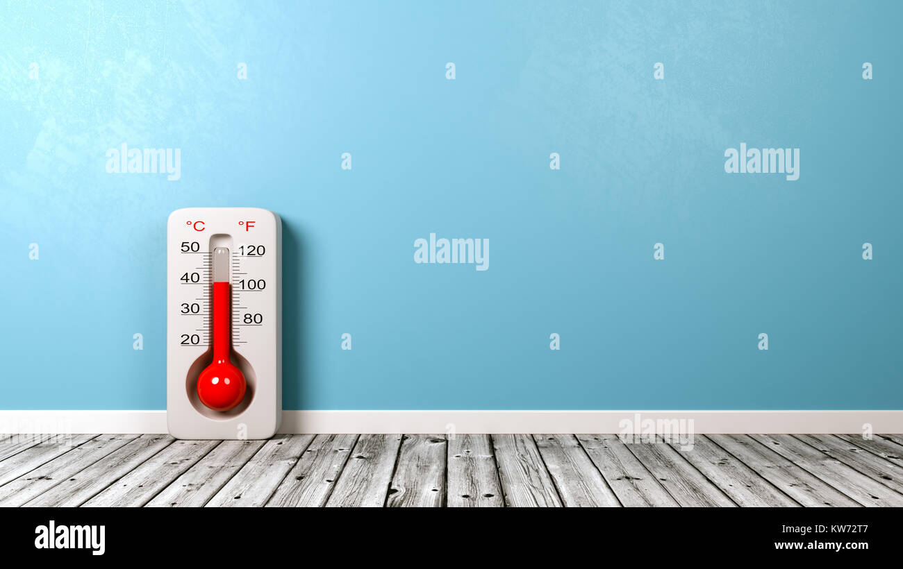 Thermometer on Wooden Floor Against Blue Wall with Copyspace 3D Illustration Stock Photo