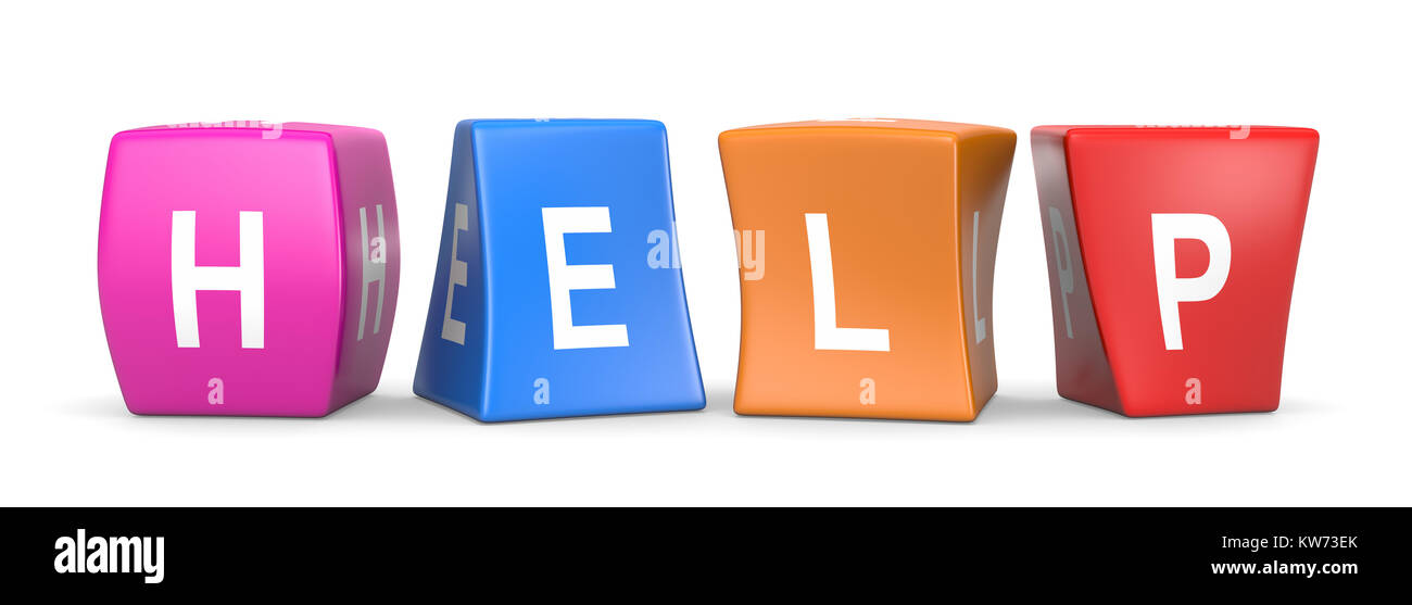 Help White Text on Colorful Deformed Funny Cubes 3D Illustration on White Background Stock Photo