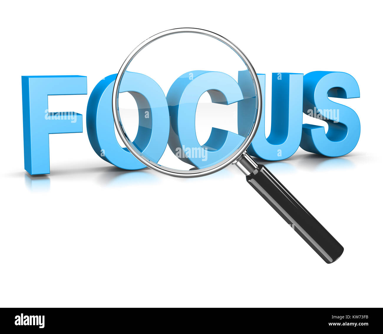 Magnifier Glass Focused on Focus Blue Text 3D Illustration on White Stock Photo