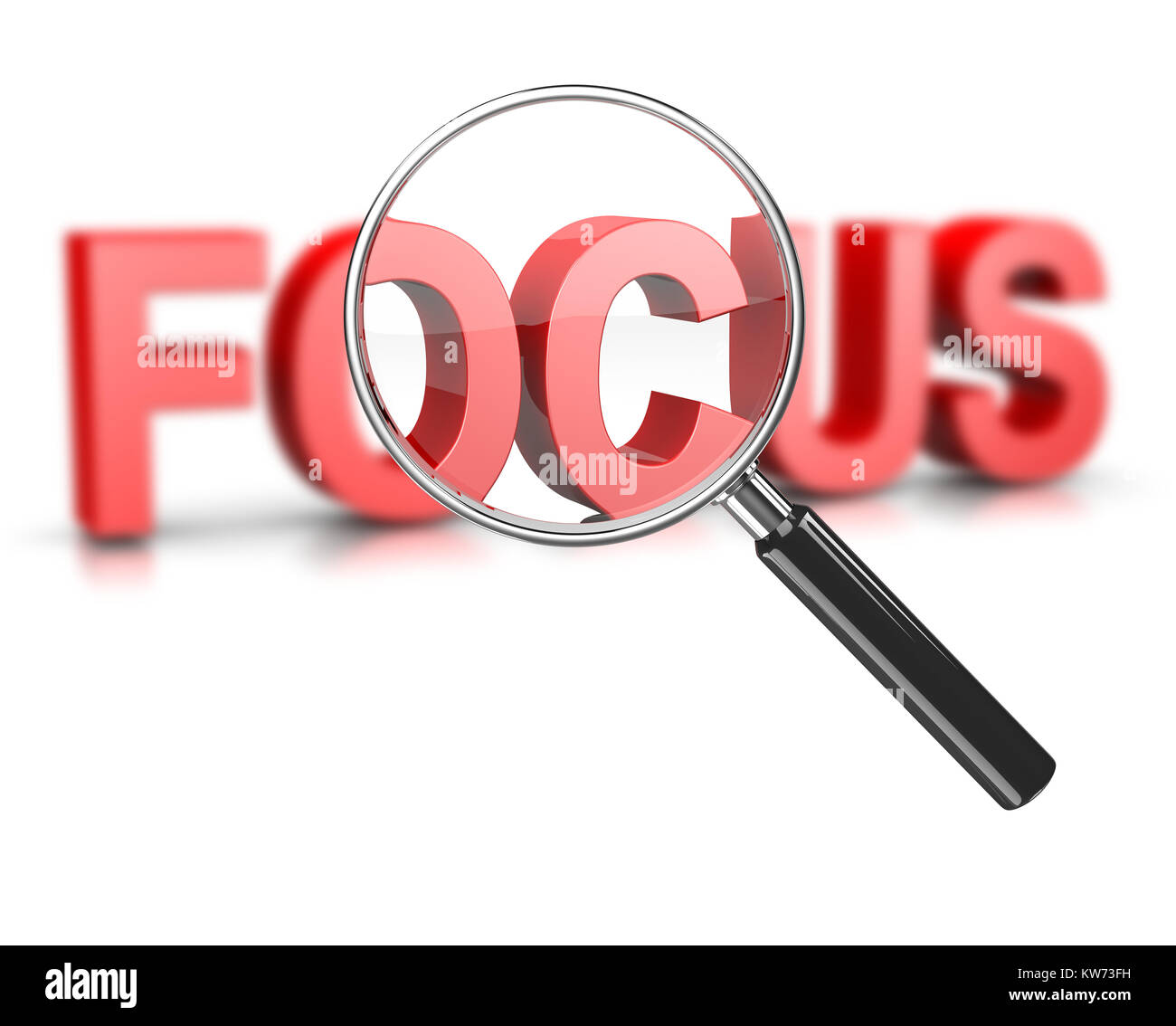 Magnifier Glass Focused on a Blurry Focus Red Text 3D Illustration on White Stock Photo
