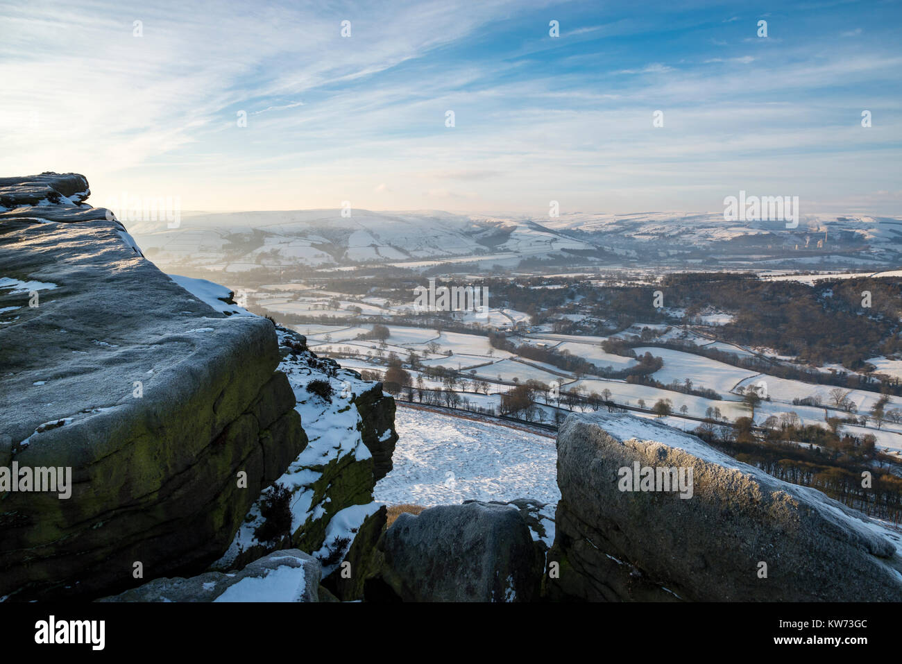 Snowy landscape below Bamford Edge in the Peak District, Derbyshire, England. A beautiful winter morning. Stock Photo