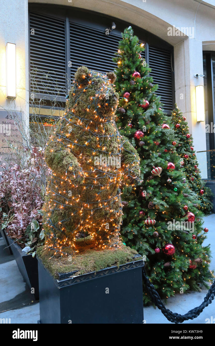 Topiary and Christmas Tree in Front of Madison Ave. Florist, NYC, USA Stock Photo