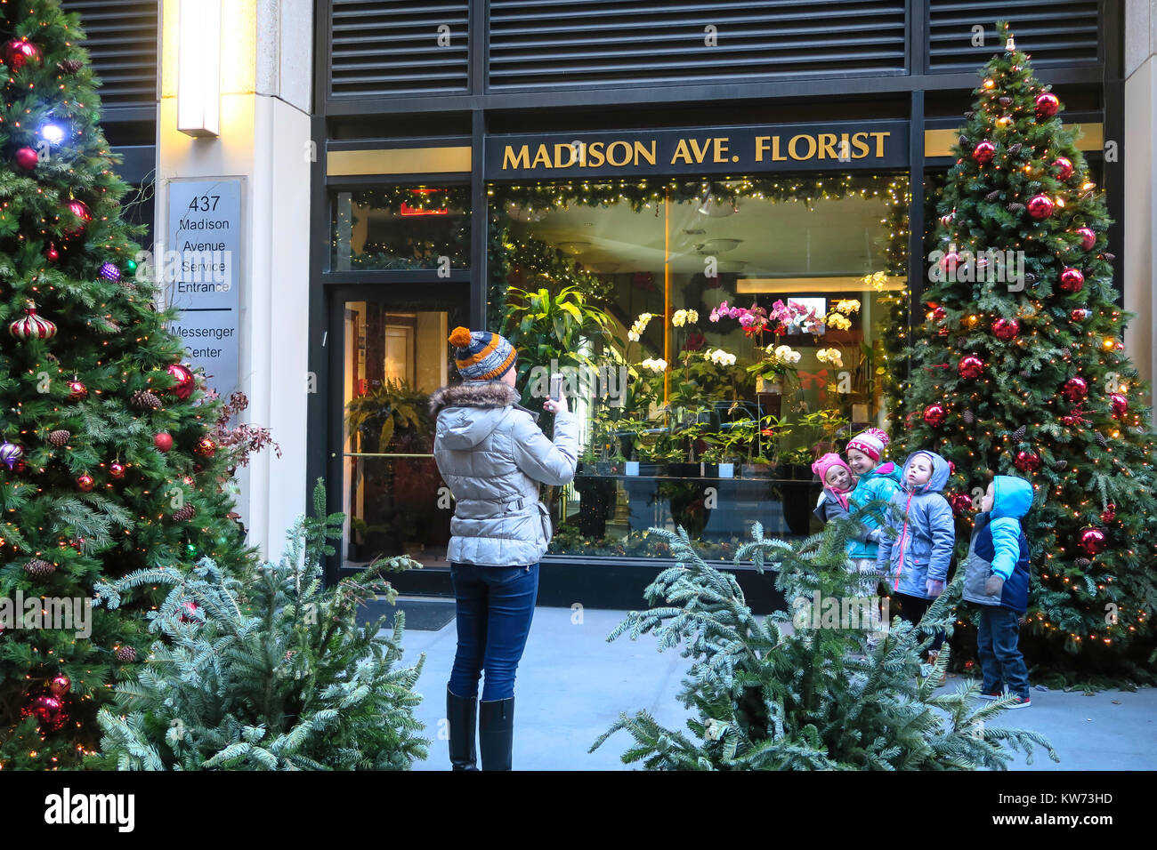 Mother Taking a Picture of her Four Children in front of Christmas Tree in Front of Madison Ave. Florist, NYC, USA Stock Photo