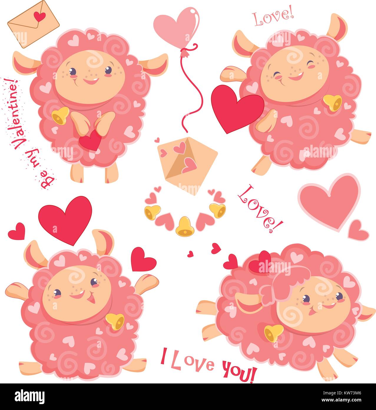 Vector illustration Valentine day clipart set of cute funny pink girl sheeps, hearts, letters, dancing running jumping staying with bell for kids and babies print and textile design, wall design Stock Vector