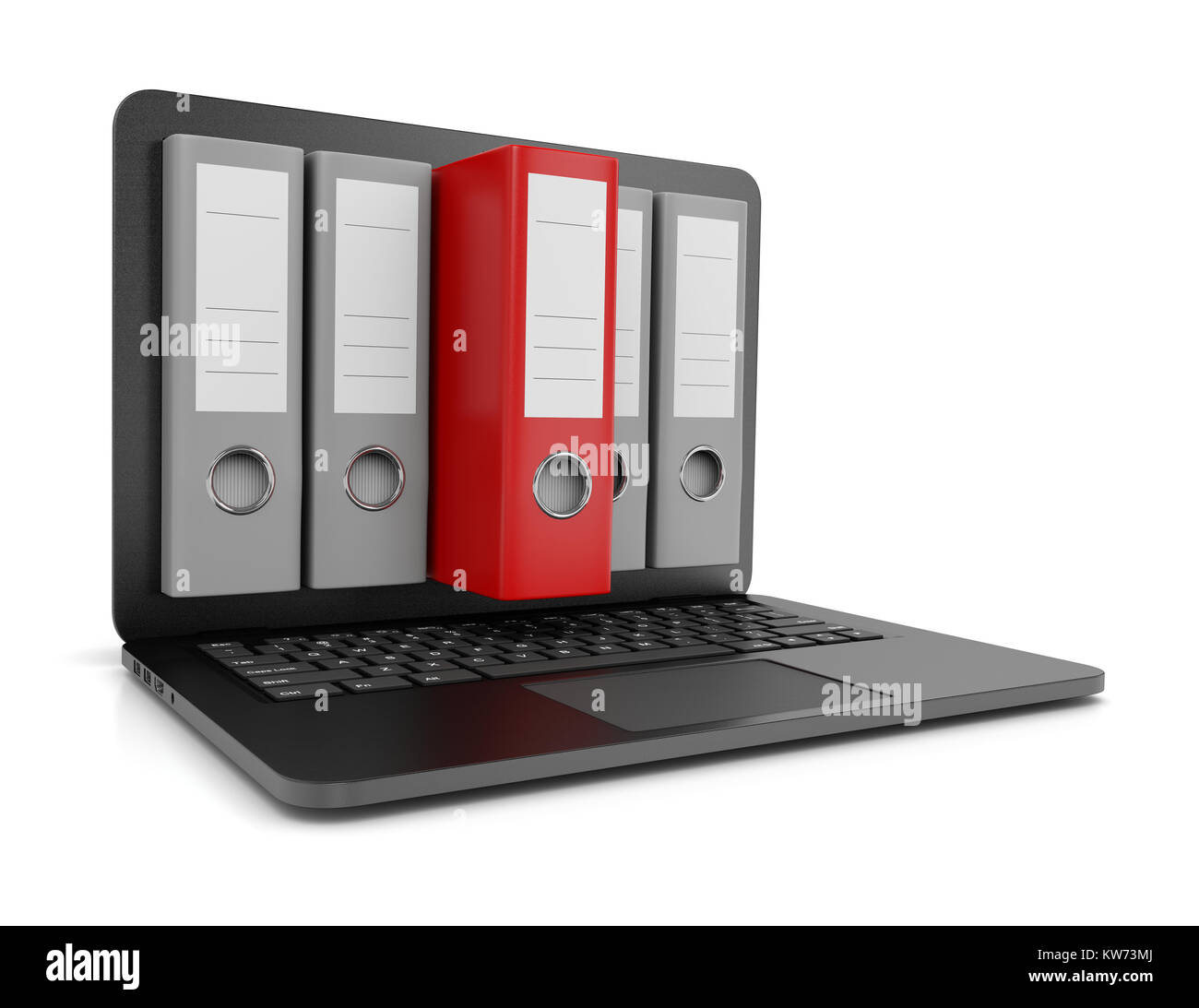 One Red Binders Coming Out from a Laptop Computer Screen 3D Illustration on White Background Stock Photo