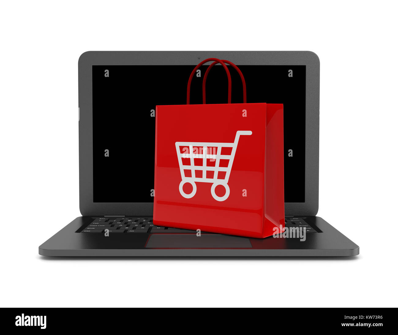 Red Shopping Bag with Cart Placed on a Blank Screen Laptop Computer Keyboard on White Background 3D Illustration Stock Photo