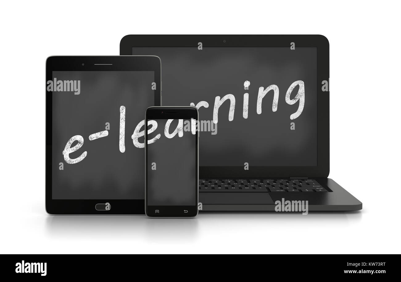 Laptop Computer, Tablet PC and Smartphone with a E-Learning Text Blackboard Instead of the Display 3D Rendering on White Stock Photo