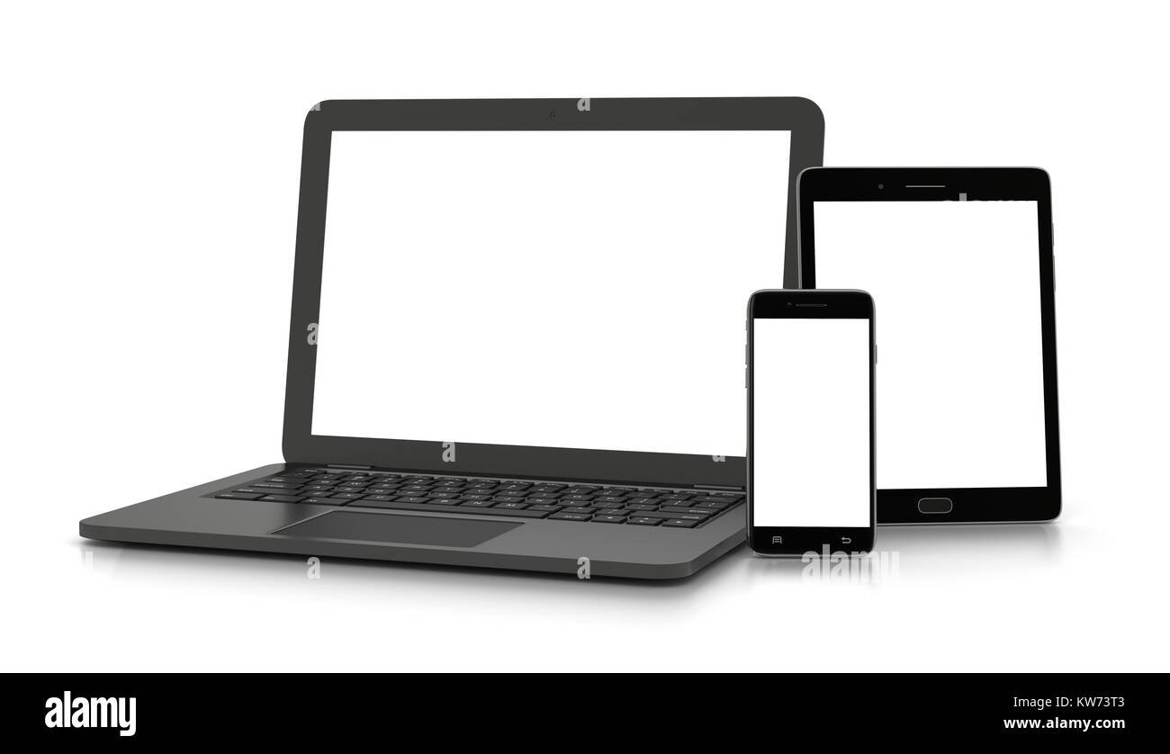 Laptop Computer, Standing Smartphone and Standing Tablet Pc with White Blank Display on White Background 3D Illustration Stock Photo