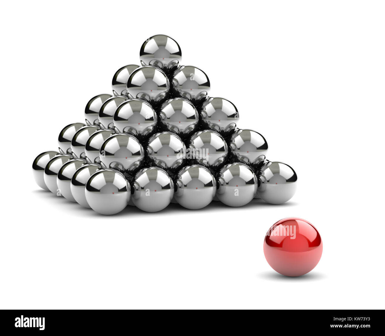 Pyramid of Metallic Balls with One Red Separated on White Background 3D Illustration Stock Photo