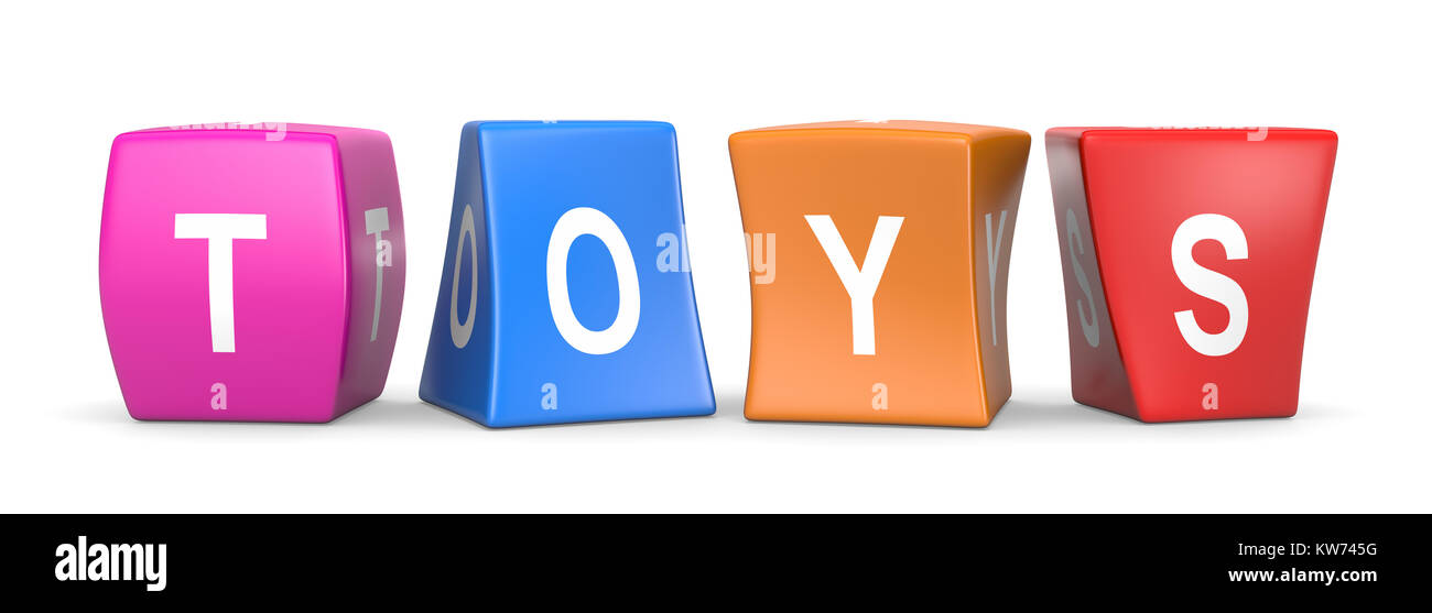 Toys White Text on Colorful Deformed Funny Cubes 3D Illustration on White Background Stock Photo