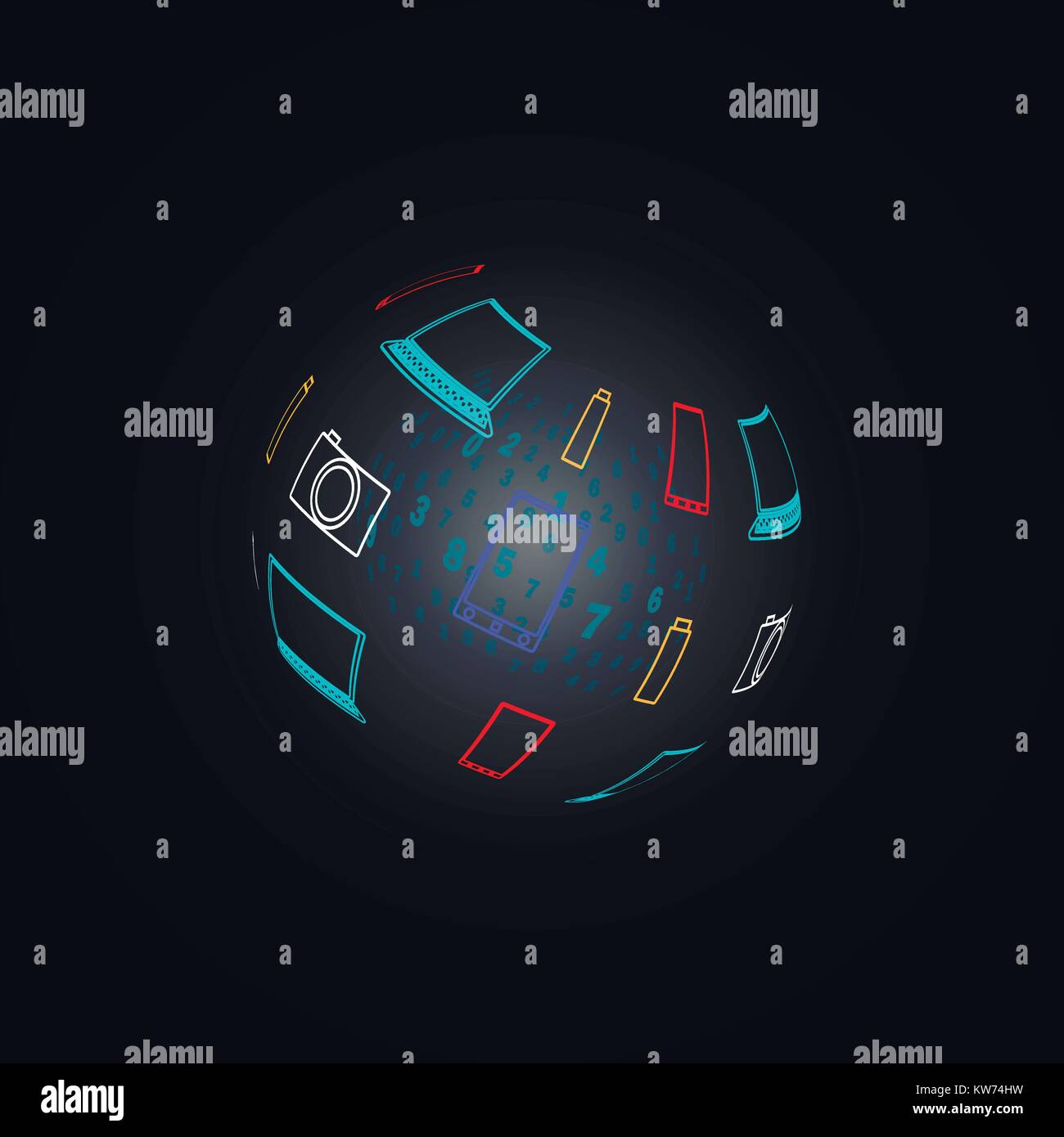 Digital transparent sphere. Around the sphere is a lot of electronics. Stock Vector