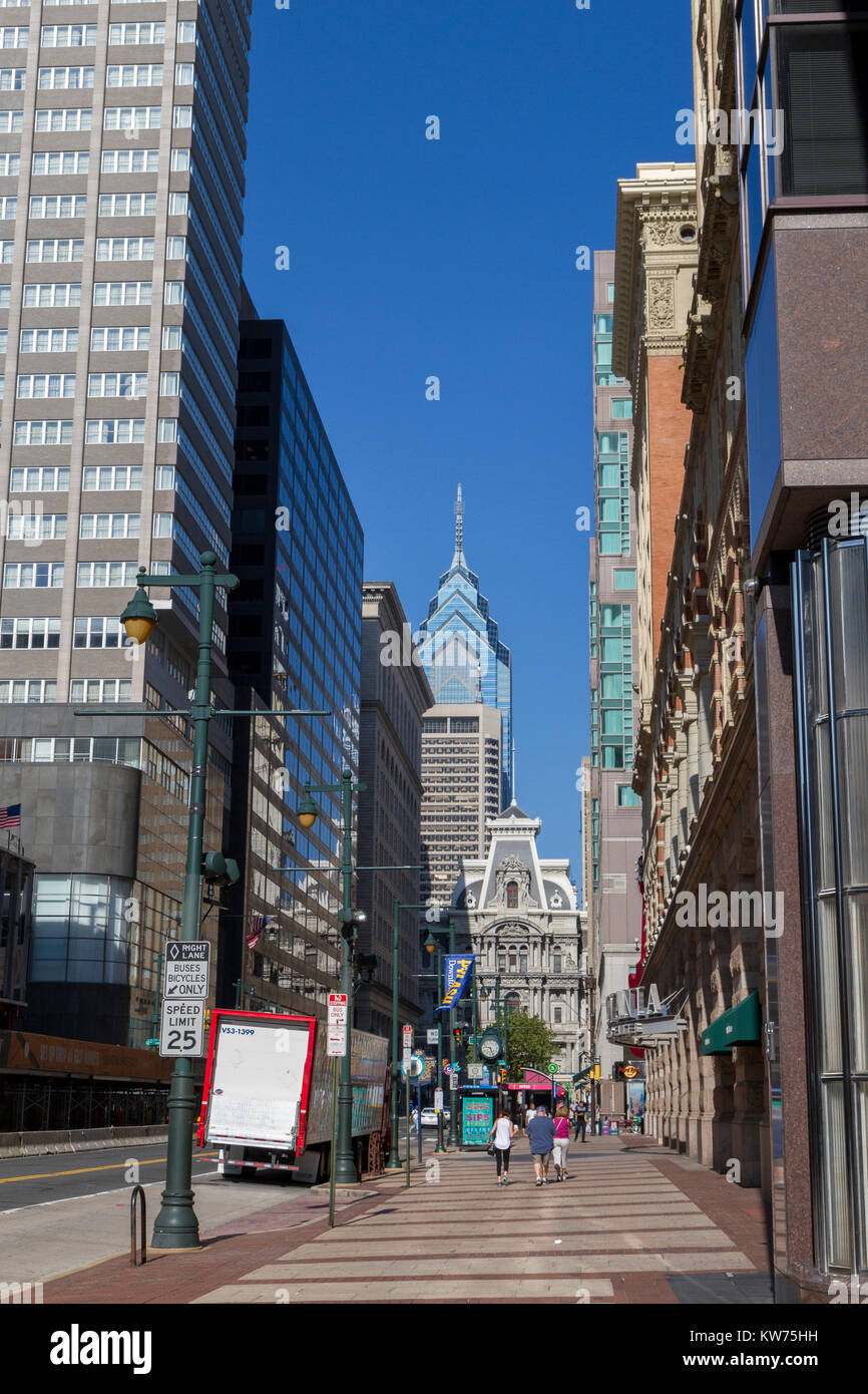 View towards One Liberty Place along Market Street, Philadelphia, Pennsylvania, United States. Stock Photo