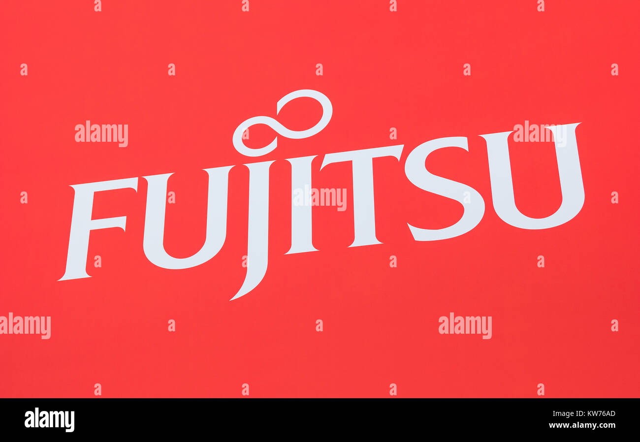 The logo of the brand 'Fujitsu'. Fujitsu is a Japanese multinational information technology equipment and services company headquartered in Tokyo Stock Photo