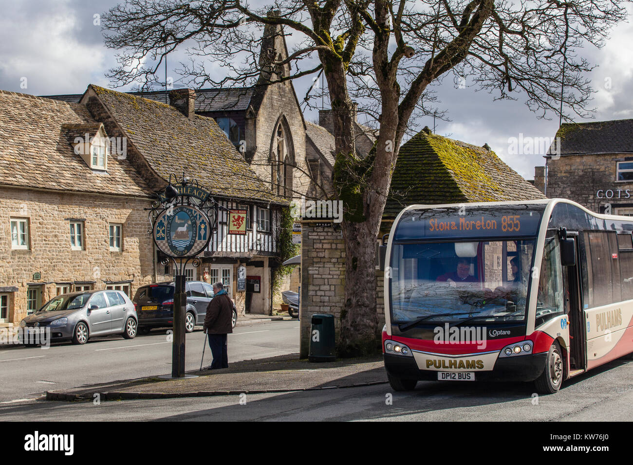Rural bus service in the Cotswolds, Northleach, Gloucestershire, UK Stock Photo