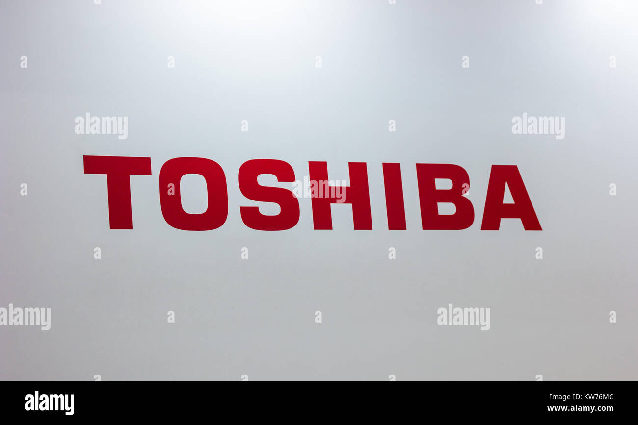 The logo of the brand 'Toshiba'. Toshiba is a famous Japanese multinational corporation whose products and services include IT and communications. Stock Photo