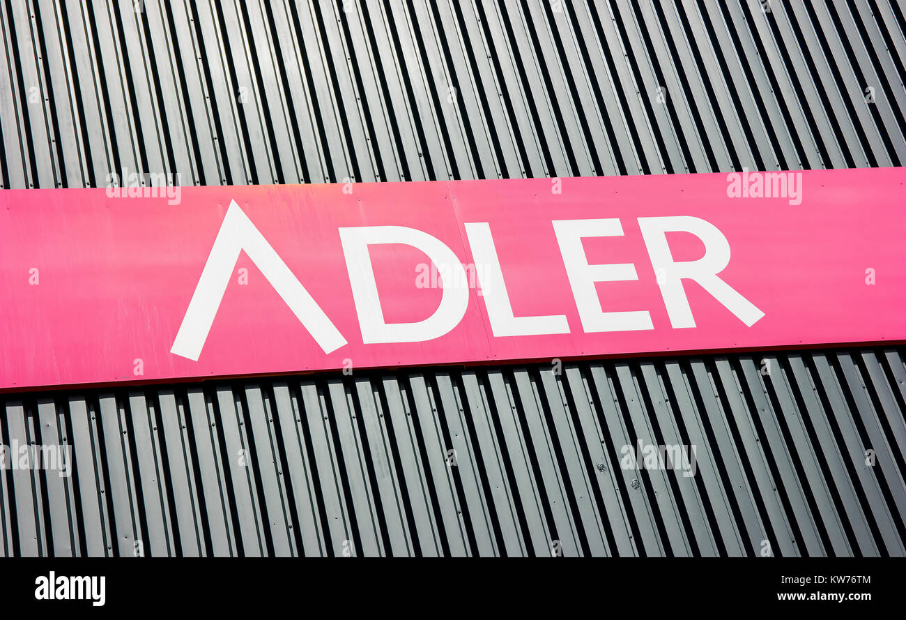 Adler Fashion Logo. Adler Fashion AG is located in Haibach near Aschaffenburg, is a listed retailer chain with 174 stores in Germany, Austria Stock Photo