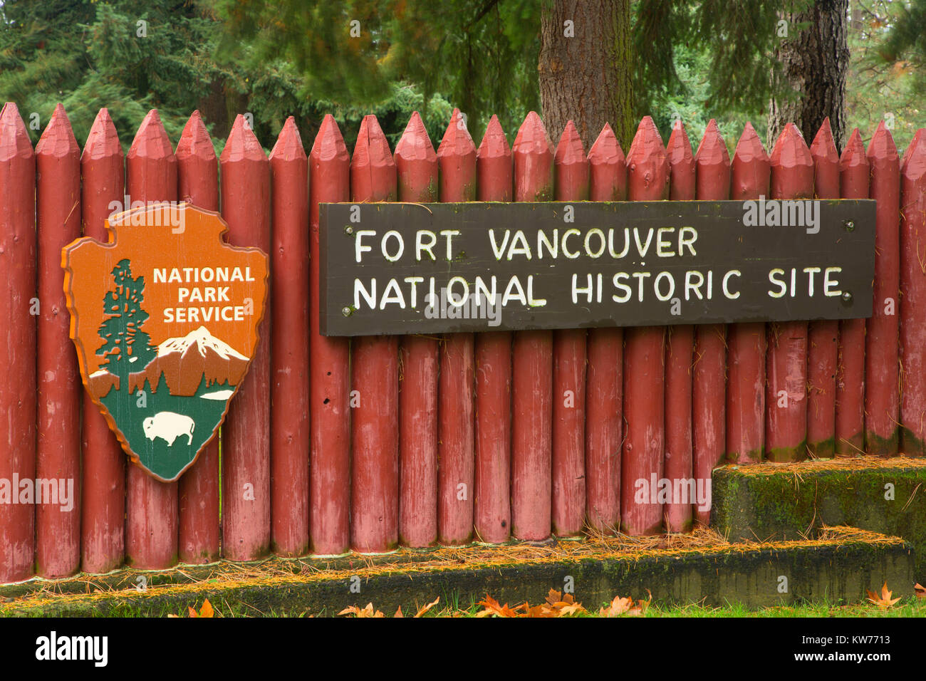 Entrance sign, Fort Vancouver National Historic Site, Vancouver National Historic Reserve, Washington Stock Photo